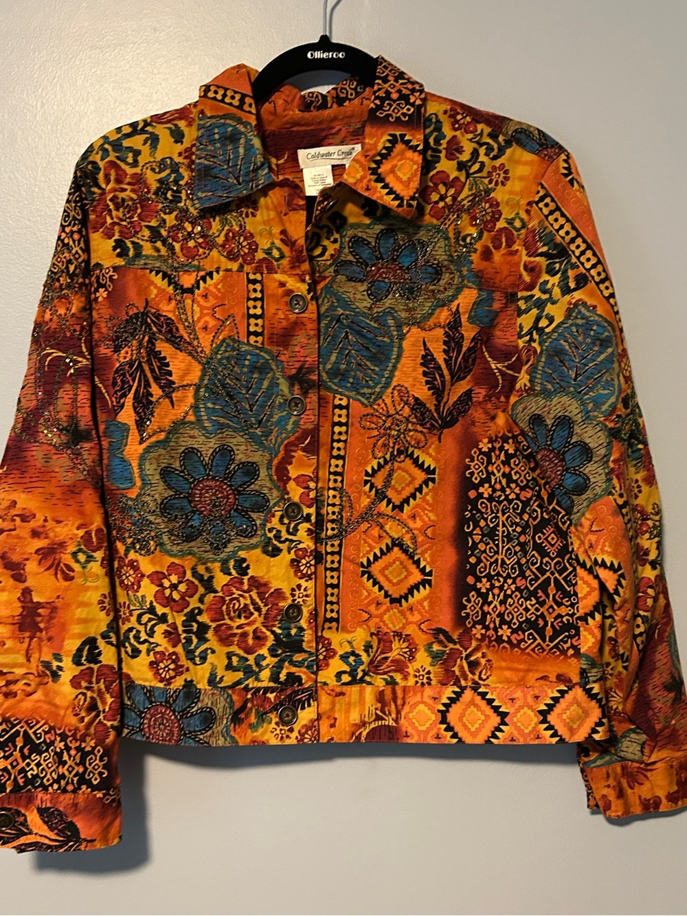 Coldwater Creek Orange Patchwork Floral Jean Jacket with Teal Accents